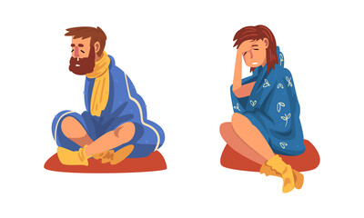 Sticker - Sick Man and Woman Sitting Wrapped in Blanket Wearing Knitted Socks Vector Set