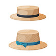 Straw Hat as Brimmed Woven Headdress Vector Set