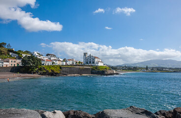 Wall Mural - View to The Church of Sao Roque and coast, Ponta Delgada, Sao Miguel island, Azores, Portugal