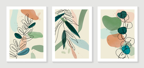 Botanical wall art vector set. Water color boho foliage line art drawing with  abstract shape.  Abstract Plant Art design for print, cover, wallpaper, Minimal and  natural wall art.