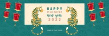 Chinese New Year 2022. Lunar Year Of The Tiger. Template Banner For Coming New Year With Ornament Of Flowers And Waves. Two Tigers Sit Among Red Oriental Lanterns In Retro Style. Vector Illustration