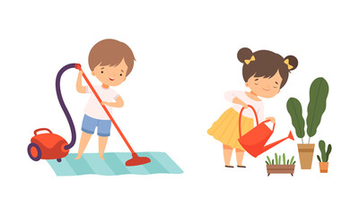 Wall Mural - Little Boy Vacuum Cleaning Carpet and Girl Watering Flower in Pot Vector Set