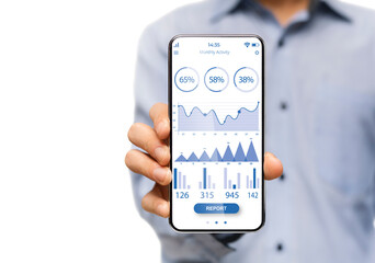 Poster - Middle-eastern businessman showing smartphone with financial app on screen