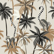 Tropical vintage animal lemur, palm trees floral seamless pattern beige background. Exotic jungle wallpaper
