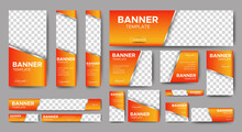 Set Of Creative Web Banners Of Standard Size With A Place For Photos. Gradient Orange. Business Ad Banner. Vertical, Horizontal And Square Template.