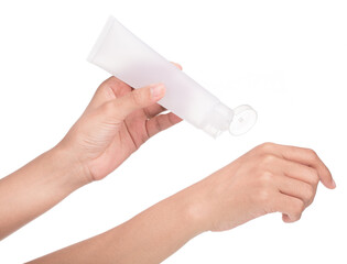 Sticker - Hand holding blank squeeze bottle plastic tube isolated on white background.