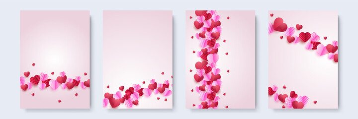 Valentine's day concept posters set. Vector illustration. 3d red and pink paper hearts with frame on geometric background. Cute love sale banners or greeting cards