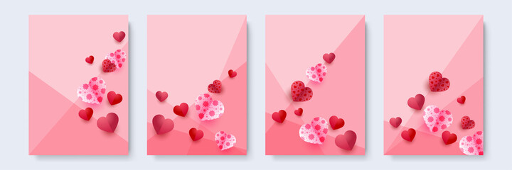 Valentine's day concept posters set. Vector illustration. 3d red and pink paper hearts with frame on geometric background. Cute love sale banners or greeting cards