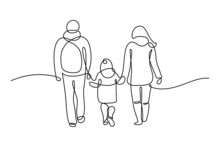 Happy Family In Continuous Line Art Drawing Style. Back View Of Parents With One Child Holding Hands And Walking Together Black Linear Sketch Isolated On White Background. Vector Illustration