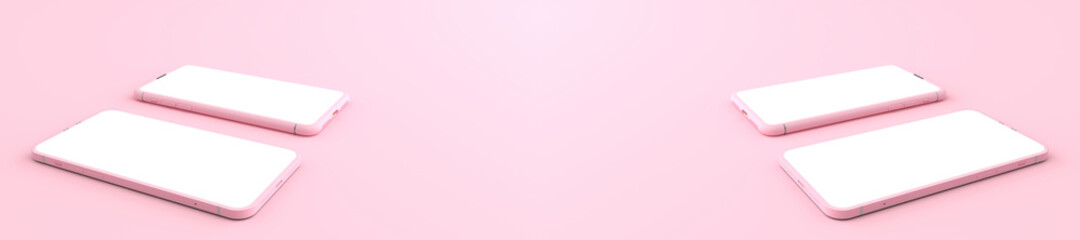 Wall Mural - 3d rendering of mockup pink smartphone white screen on pink floor, pink mobile phone tilted and lay 