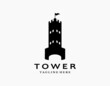 Castle tower logo icon with black and white.  Silhouette of palace or fortress with flags. Suitable for museums, stamps, postcards.