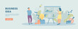 © vectorhot - Business idea. Colleagues thinking about company project, success startup. Brainstorming, finding problems and solutions.Promotional web banner. Cartoon flat vector illustration with people characters