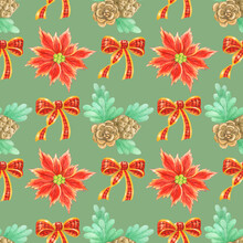 Watercolor Seamless Christmas Pattern With Fir Cone,poinsettia And Red Bow On Green Background.Perfect For Packaging,wrapping.