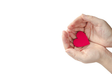 Human hands holding a red hearth. Woman hands isolated on white background Top view. Valentine concept. Valentines Day, romantic Holiday copy space