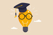 © Nuthawut - Education or knowledge is power to build creativity, idea or solution, academic or training course concept, genius bright lightbulb wearing eyeglasses and graduation hat or mortar board.
