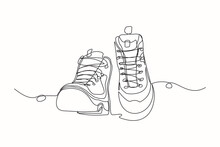 Continuous Line Drawing Of Man Work Boots. Single One Line Art Of Safety Hiking Boots. Vector Illustration