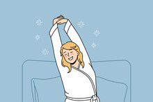 Feeling Positive In Morning Concept. Young Relaxed Smiling Blonde Woman In Home Clothing Sitting Stretching Out In Bed After Night Vector Illustration 