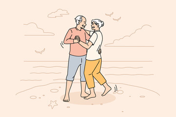 Happy active lifestyle of mature people concept. Smiling happy positive elderly couple man and woman standing dancing and enjoying weekend on beach vector illustration 