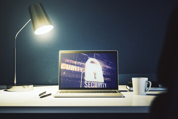 Poster - Creative idea concept with lock symbol and microcircuit illustration on modern laptop screen. Protection and firewall concept. 3D Rendering