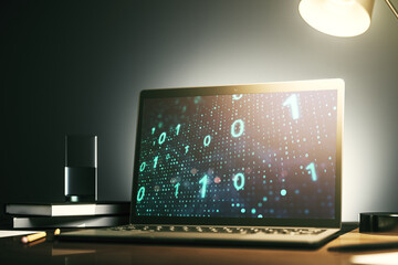 Aufkleber - Creative abstract binary code sketch on modern laptop monitor, hacking and matrix concept. 3D Rendering