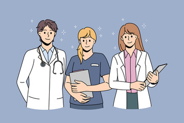 Healthcare medicine and doctors concept. Group of young smiling doctors with stethoscope and nurse standing with documents and looking at camera as team vector illustration 