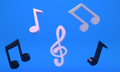 Poster - Blue studio background with flying musical shiny notes. 3d rendering
