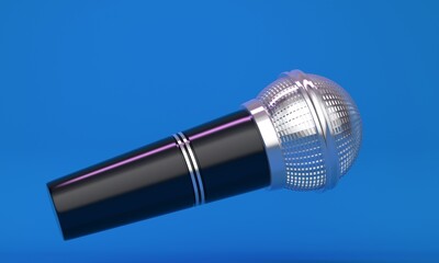 Poster - Blue studio background with flying shiny music microphone. 3d rendering