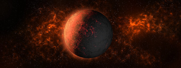 Mras planet on space star.red nebula background.Earth-like planet, Earth-type planet, exo-planet in outer space, alien planet in far space 3d illustration.Elements of this image furnished by NASA.