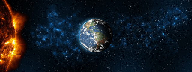 Wall Mural - sun star and planet earth in space front view. cosmic background.solar system.elements of this image