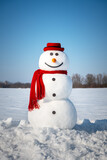 Fototapeta Na sufit - Funny snowman in stylish red hat and red scalf on snowy field. Blue sky on background