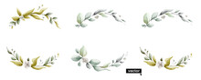 Clear Vector Wreath In Watercolor Style With Leaves And Flowers. White Background With Bouquet Elements, Botanical Foliage Illustration.