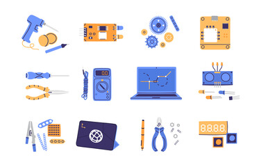 tools for building robot. different instruments icon. display, voltage measurement, wires, weld, scr