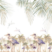Boho Chic Tropical Seamless Border. Hand Drawn Ornament With Heron Birds And Palm Leaves.