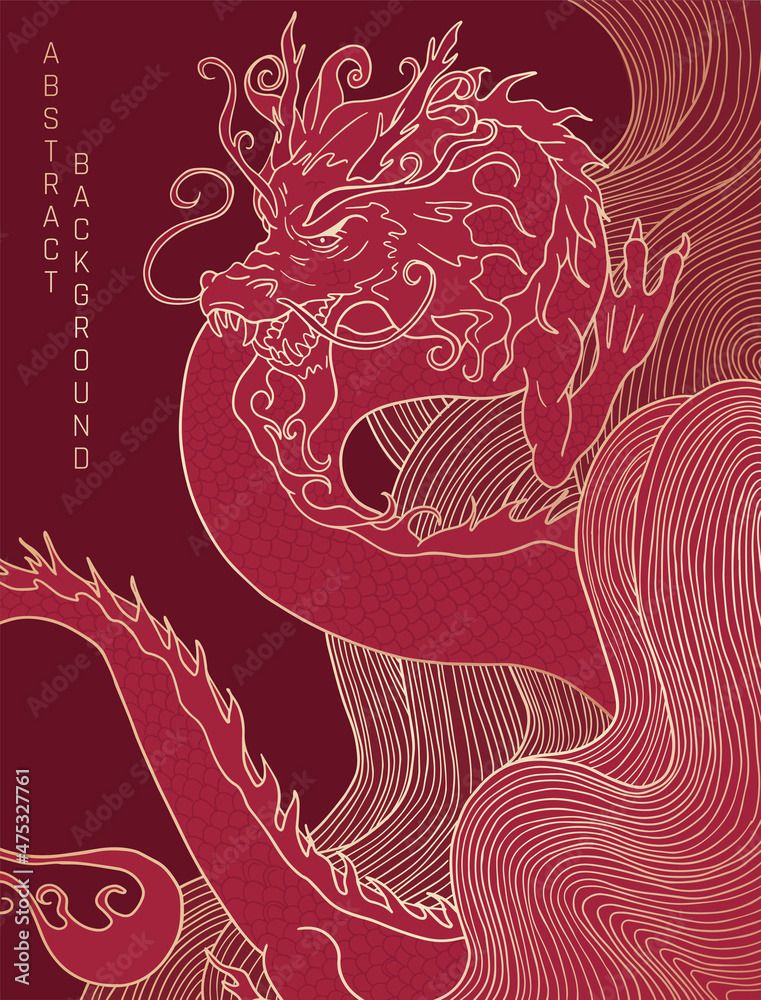 hand drawn japanese vector dragon on abstract waves in red and gold ...