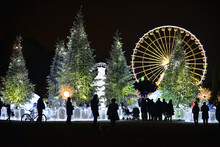Christmas Decorations With Snow-covered Trees And Funfair Ferris Wheel. Nice, France