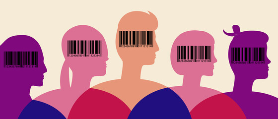 People with barcodes on their heads, silhouette vector stock illustration with a group of people with a brand on their heads as a concept of digital technologies for identification