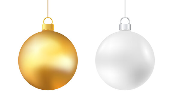 Fototapete - Christmas balls. Realistic Xmas decoration on white background. Gold and silver hanging balls. Glossy tree elements. Holiday decor set. Vector illustration