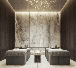 Modern luxury massage room interior with two beds and star ceiling light 3D Rendering, 3D Illustration