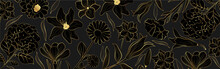 Vector Banner With Gold Flowers In The Style Of Line Art On A Black Background.	