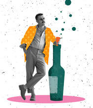 Modern Design, Contemporary Art Collage. Inspiration, Idea, Trendy Urban Magazine Style. Stylish Young Man Standing Near Drawn Wine Bottle