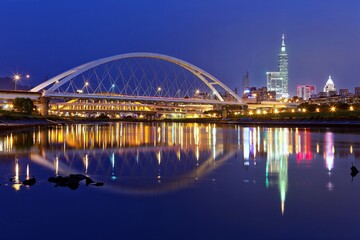 Wall Mural - Night scenery of Taipei City with beautiful reflections of skyscrapers & bridges on the water by riverside at dusk ~ Cityscape of Taipei 101 Tower, Keelung River, Xinyi District & downtown in twilight