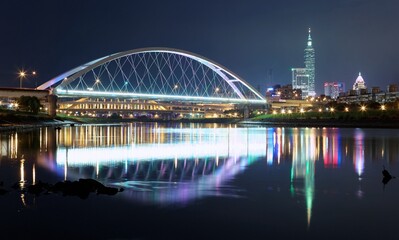 Wall Mural - Night scenery of Taipei City with beautiful reflections of skyscrapers and bridges in the water at dusk. Cityscape of Taipei 101 Tower, Keelung River, Xinyi District and downtown in blue twilight