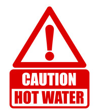 Caution Hot Water, Warning Triangle Sign With Red And White Colors. Text In The Bottom.