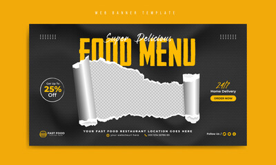 Wall Mural - fast food restaurant social media marketing web banner template design with abstract background, log