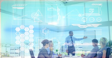 Poster - Composite image of digital interface with data processing against businessman giving a presentation