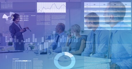 Wall Mural - Composite image of business data processing against businesswoman giving a presentation