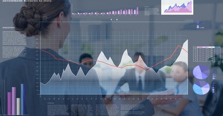 Poster - Composite image of business data processing against businesswoman giving a presentation