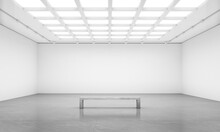 3D Rendering Illustration Of Blank Walls White Cube Gallery Room With Bench For Art Show Mockups.
