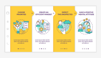 Wall Mural - Balanced life tips yellow and orange onboarding template. Selfcare benefits. Responsive mobile website with linear concept icons. Web page walkthrough 4 step screens. Lato-Bold, Regular fonts used