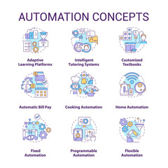 Automation concept icons set. Household and industrial automated devices idea thin line color illustrations. Isolated outline drawings. Editable stroke. Roboto-Medium, Myriad Pro-Bold fonts used